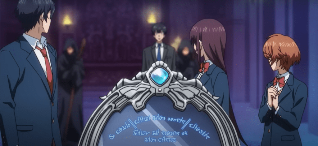 A scene from the anime 'Campfire Cooking in Another World with My Absurd Skill,' depicting characters in formal attire gathered around an ornate, mysterious object, with a regal background and other shadowy figures in the distance.
