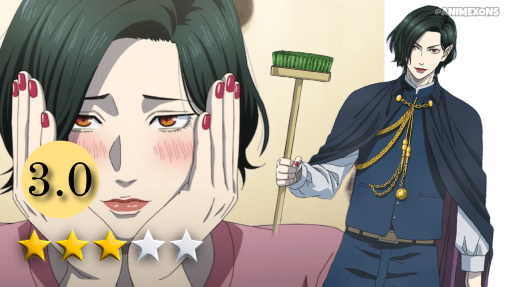 A character from the anime 'Baban Baban Ban Vampire', shown with a contemplative expression while holding their face in hands. One side features the character in a colorful outfit holding a broom, with a three-star rating overlay.