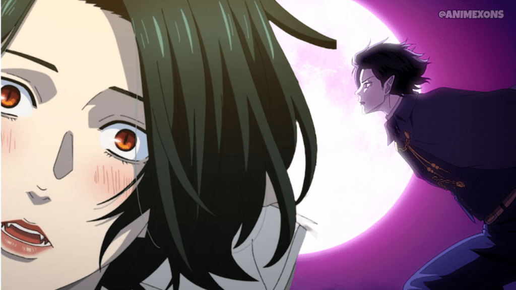 An illustration from the anime 'Baban Baban Ban Vampire' featuring a startled character with fangs and red eyes, alongside another character in a dark outfit, set against a glowing moon backdrop.
