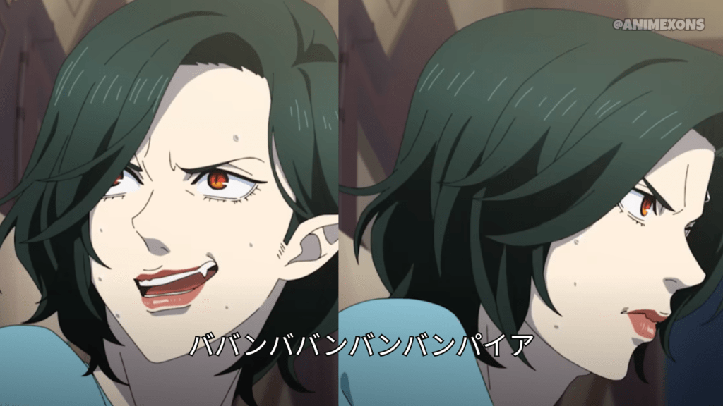 A character from the anime 'Baban Baban Ban Vampire' with black hair and red eyes, showing an expressive facial expression, split into two frames, with the title in Japanese characters below.