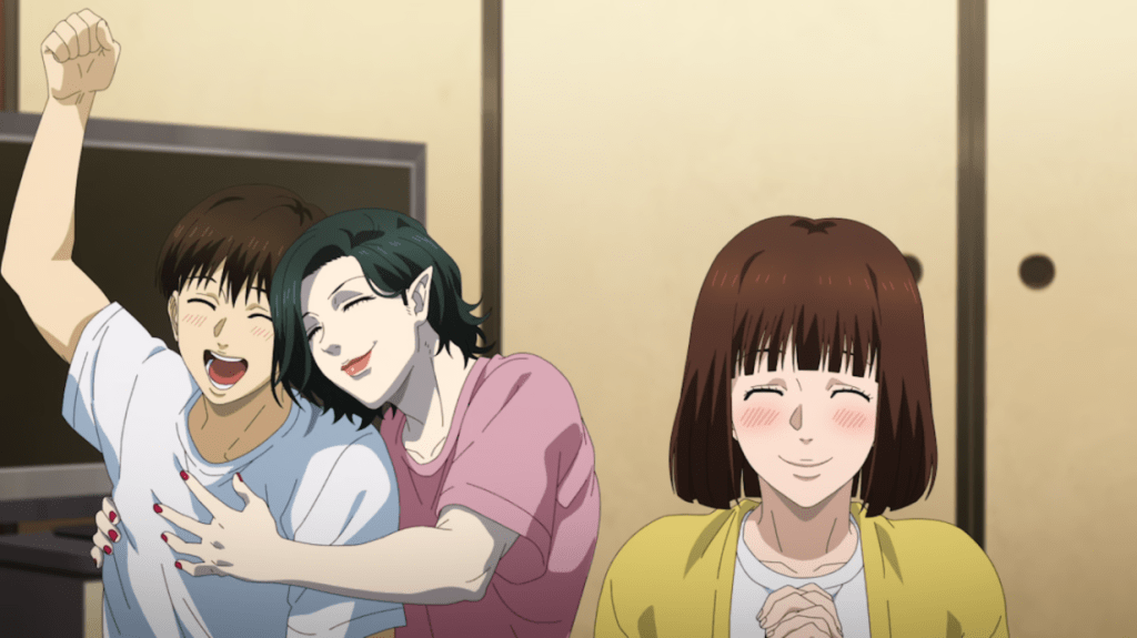 Three animated characters celebrating joyfully, with one character raising a fist in excitement. The scene conveys a lighthearted atmosphere.