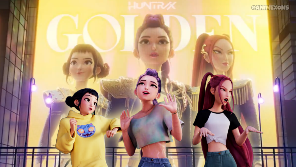 An animated promotional image featuring the girl group HUNTR/X from 'KPop Demon Hunters', with four stylized characters in vibrant outfits in front of a bright background displaying the word 'GOLDEN'.
