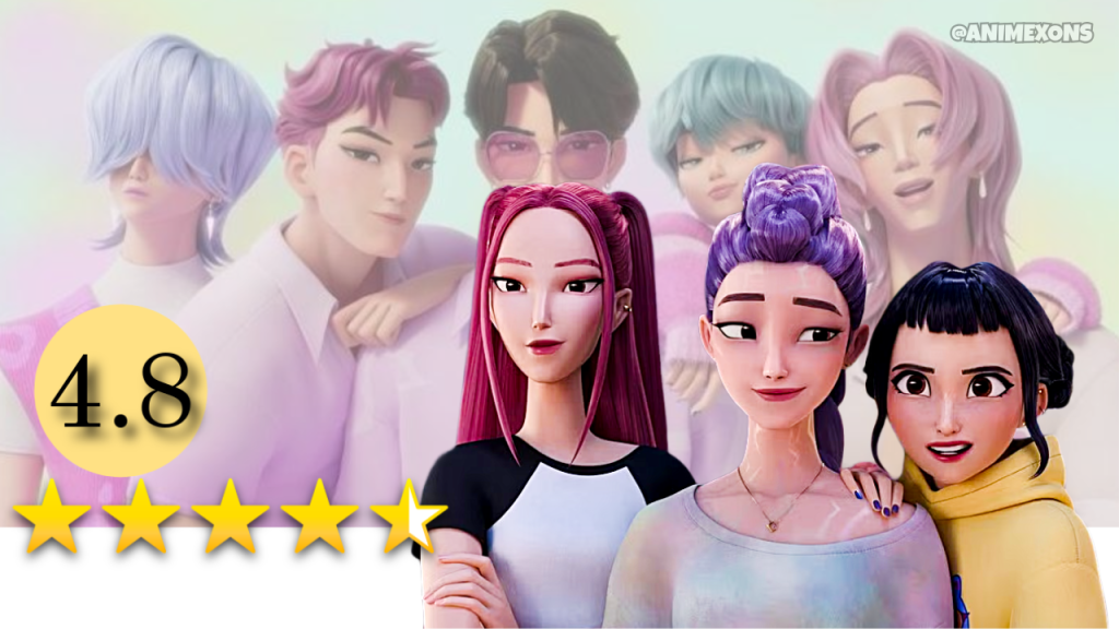 A colorful digital artwork featuring characters from 'KPop Demon Hunters', showcasing a group of animated idols with varying hairstyles and outfits, displaying a rating of 4.8 stars.