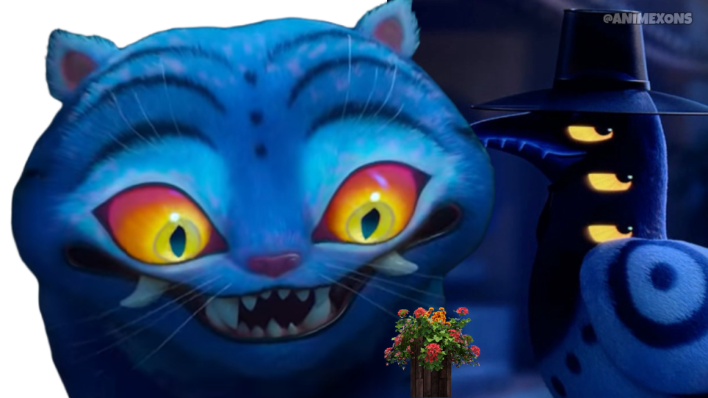 A blue animated cat with exaggerated features, bright orange eyes, and sharp teeth, displayed next to a figure in a black hat with multiple eyes, alongside a colorful flower pot.