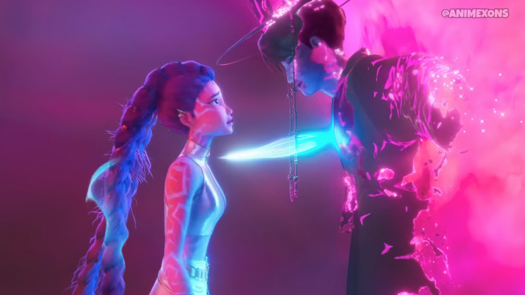 A vibrant scene featuring two animated characters, a girl with long, colorful hair and a boy with a stylized outfit, engaged in an intense moment surrounded by dynamic, glowing effects.
