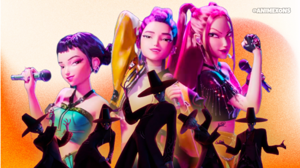 A vibrant and stylized illustration of the girl group HUNTR/X from 'KPop Demon Hunters', featuring three dynamic female characters holding microphones, surrounded by shadowy figures in hats.