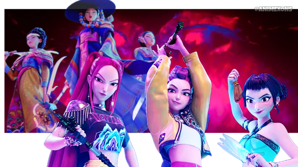 Three animated female warriors from 'KPop Demon Hunters', showcasing vibrant outfits and weapons, with a mystical background featuring traditional female figures.
