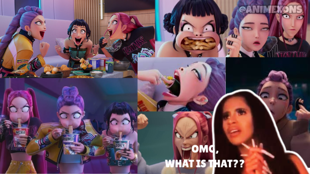 A collage of animated characters from 'KPop Demon Hunters' displaying various exaggerated expressions while eating together, with one character reacting in shock with the text overlay 'OMG, WHAT IS THAT??'.