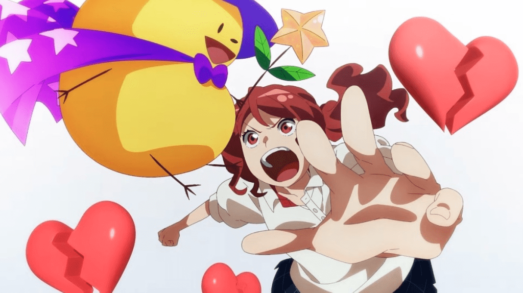Anzu Hoshino, the protagonist of Romantic Killer, reaches out dramatically with a frustrated expression as a whimsical wizard character hovers above her, surrounded by hearts and broken hearts.