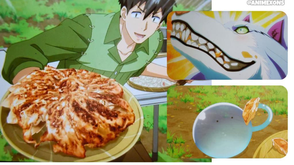 A character joyfully presents a large, perfectly cooked gyoza on a plate, with a cheerful expression, surrounded by lush greenery.