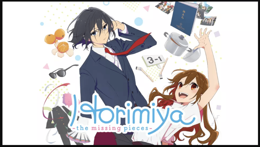 Anime promotional art featuring characters from 'Horimiya', including a boy in a formal suit and a girl in a school uniform, surrounded by various playful elements like fruits and school supplies.