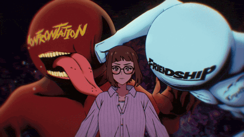 Animated scene featuring a young woman with glasses standing between two colorful character figures labeled 'Confrontation' and 'Friendship,' depicting a moment of tension.