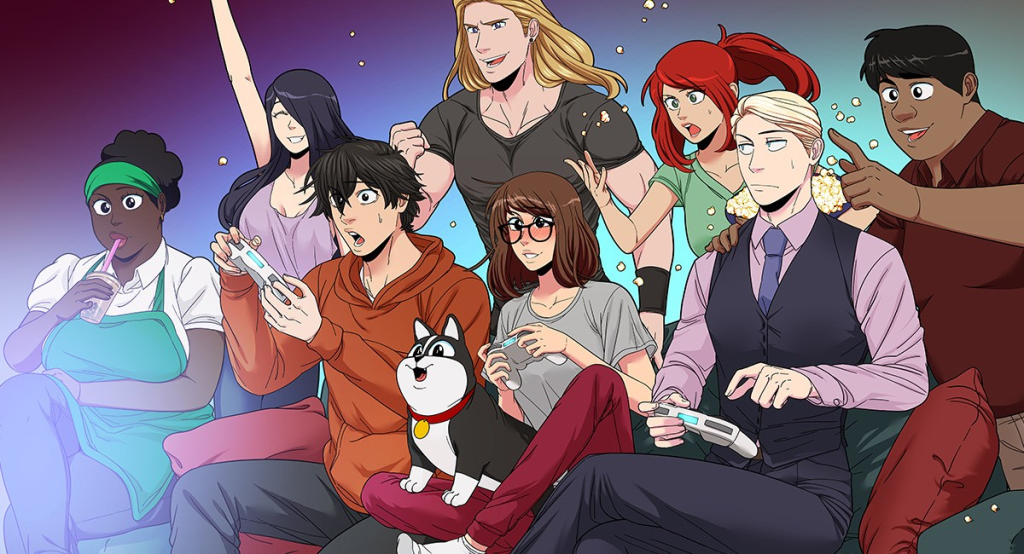 A group of diverse characters gathered in a living room, playing video games together. Some are holding game controllers, while others are cheering, with excitement and snacks around them.